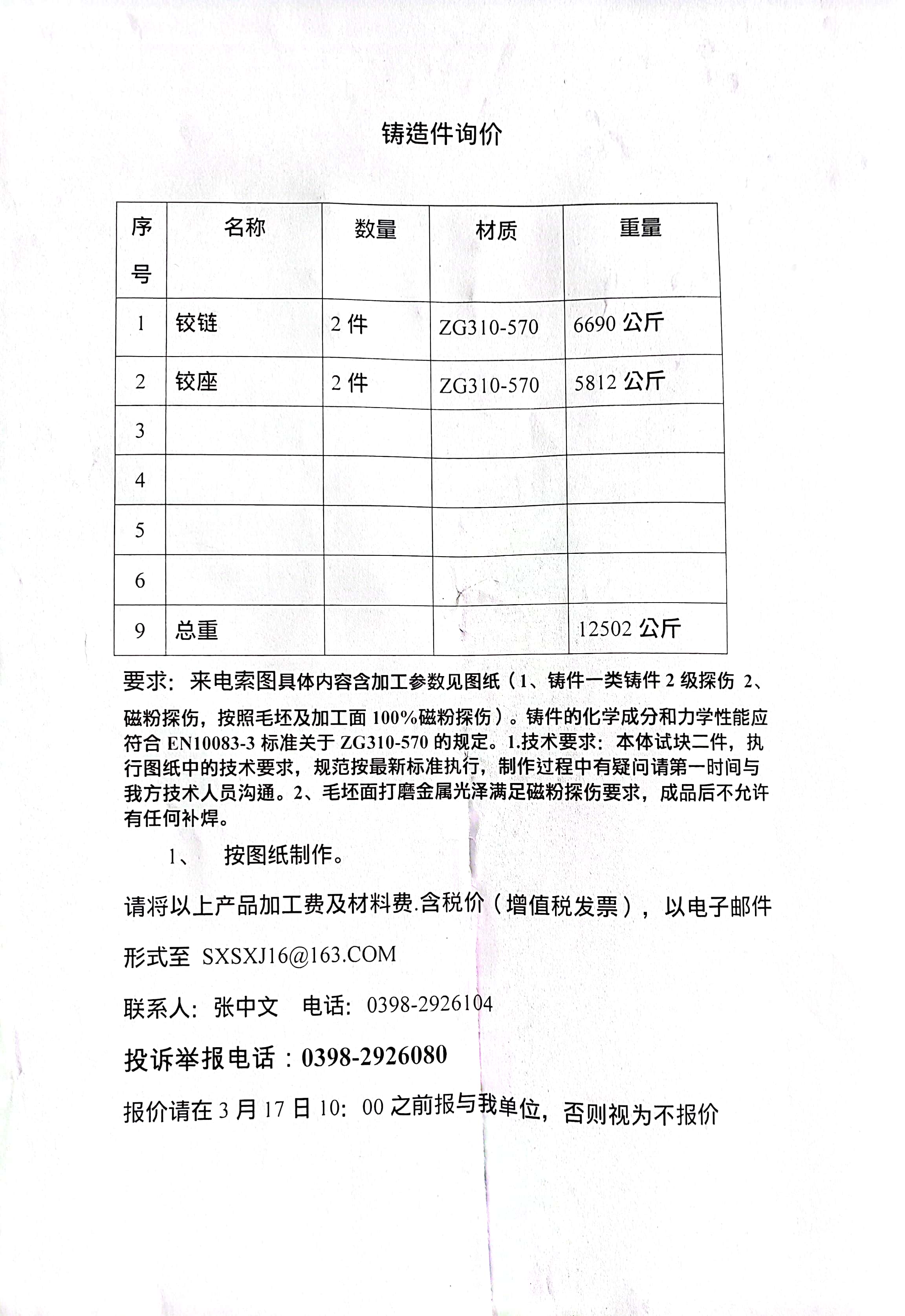 3與14日：鑄鍛件詢價(jià)
